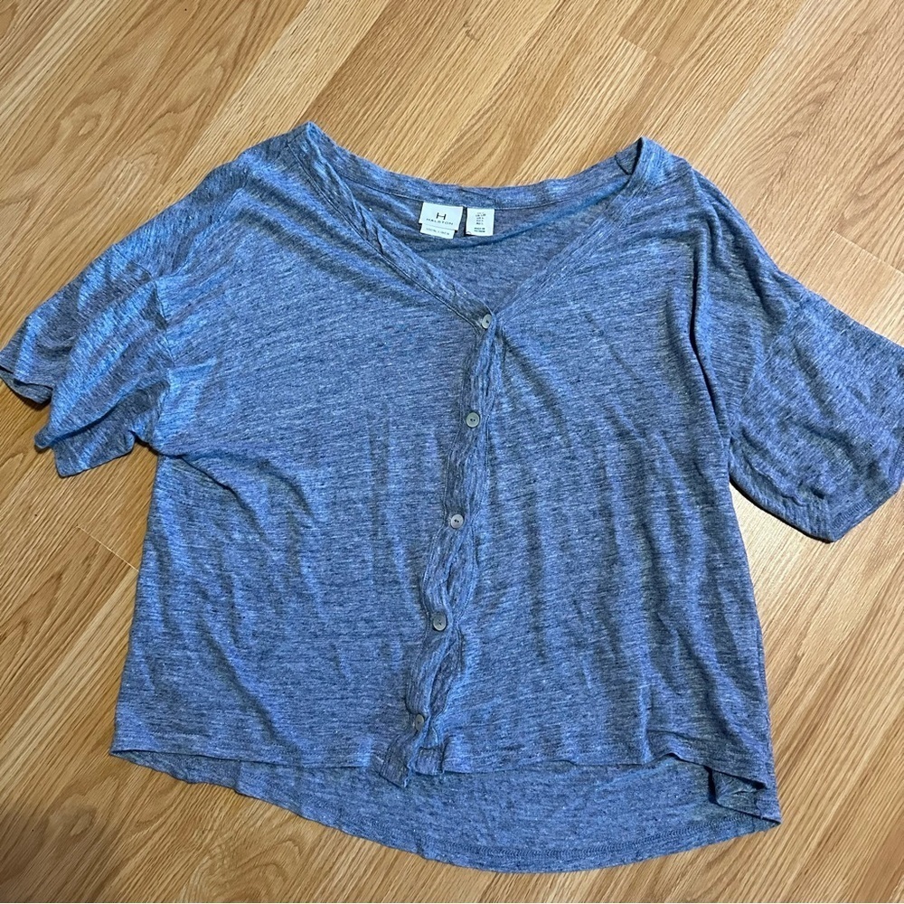 Halston 100% linen gray blue slub cotton feel button short sleeve baggy shirt L